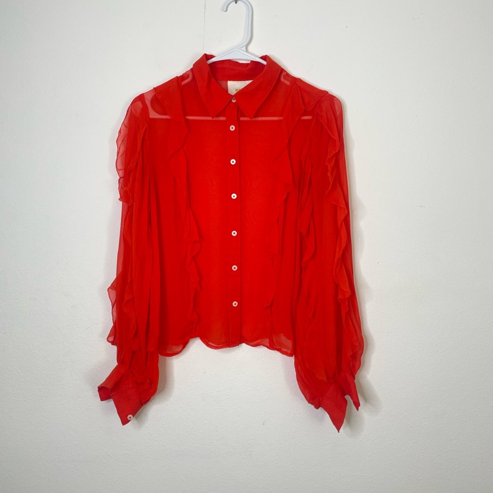 Anthropologie Maeve Orange Ruffled Button Down Shirt